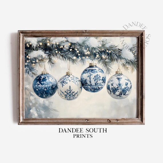 Blue White Chinoiserie Christmas Ornaments Snowy Pine Holiday Art Print