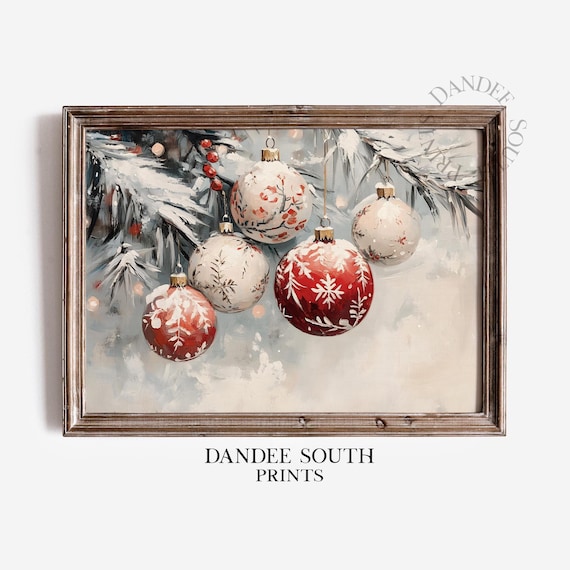 Cozy Vintage Red Christmas Ornaments on Snowy Branch Art Print