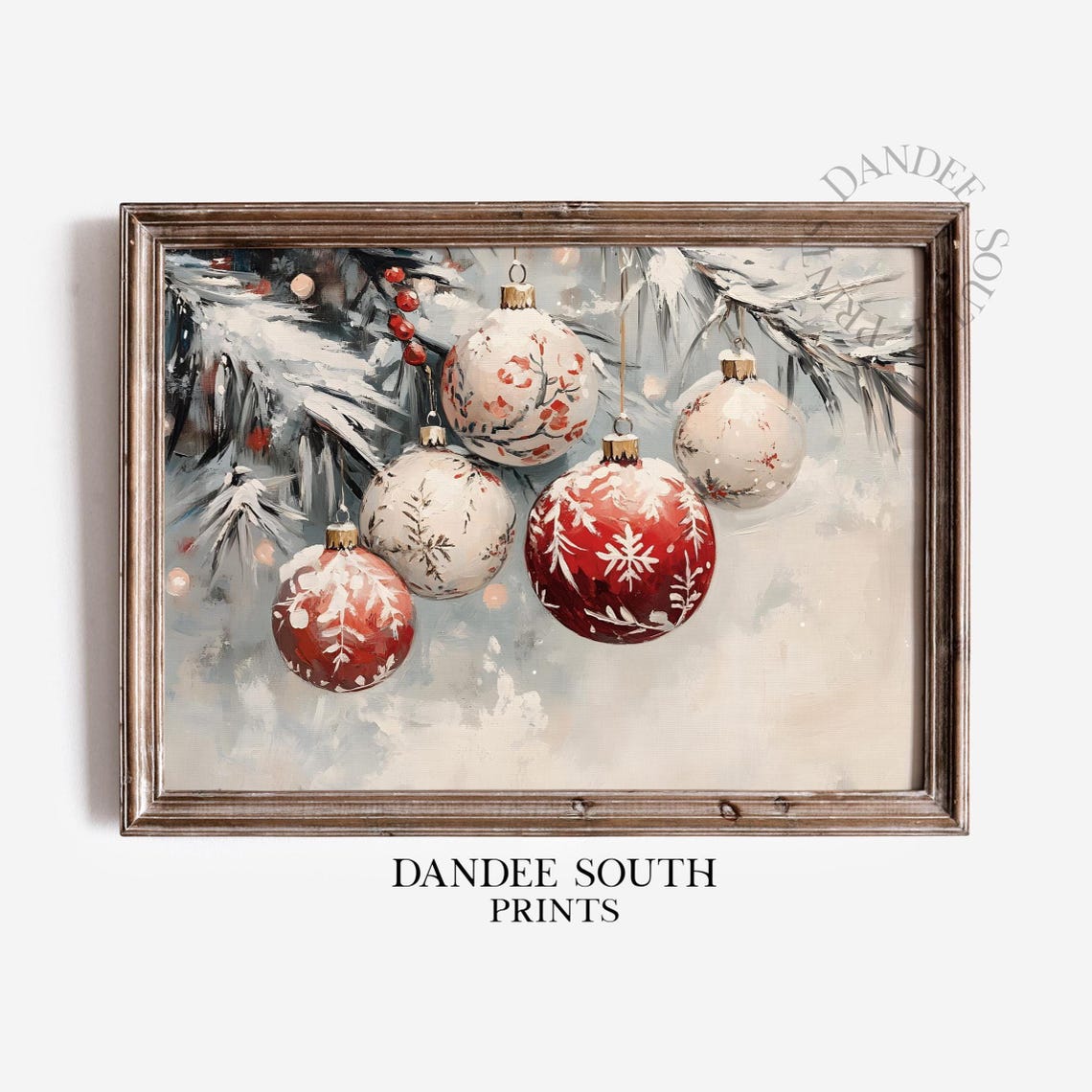 Cozy Vintage Red Christmas Ornaments on Snowy Branch Art Print
