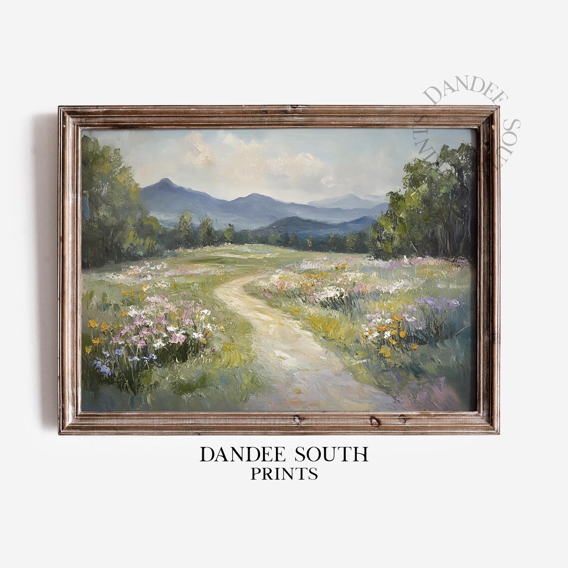 Vintage Soft Wildflower Meadow Path Mountain Oil Painting Print