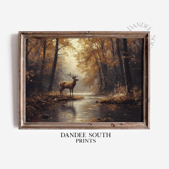 Autumn Deer Wall Art Vintage Fall Landscape Hunting Cabin Decor Nature And Wildlife Print 574
