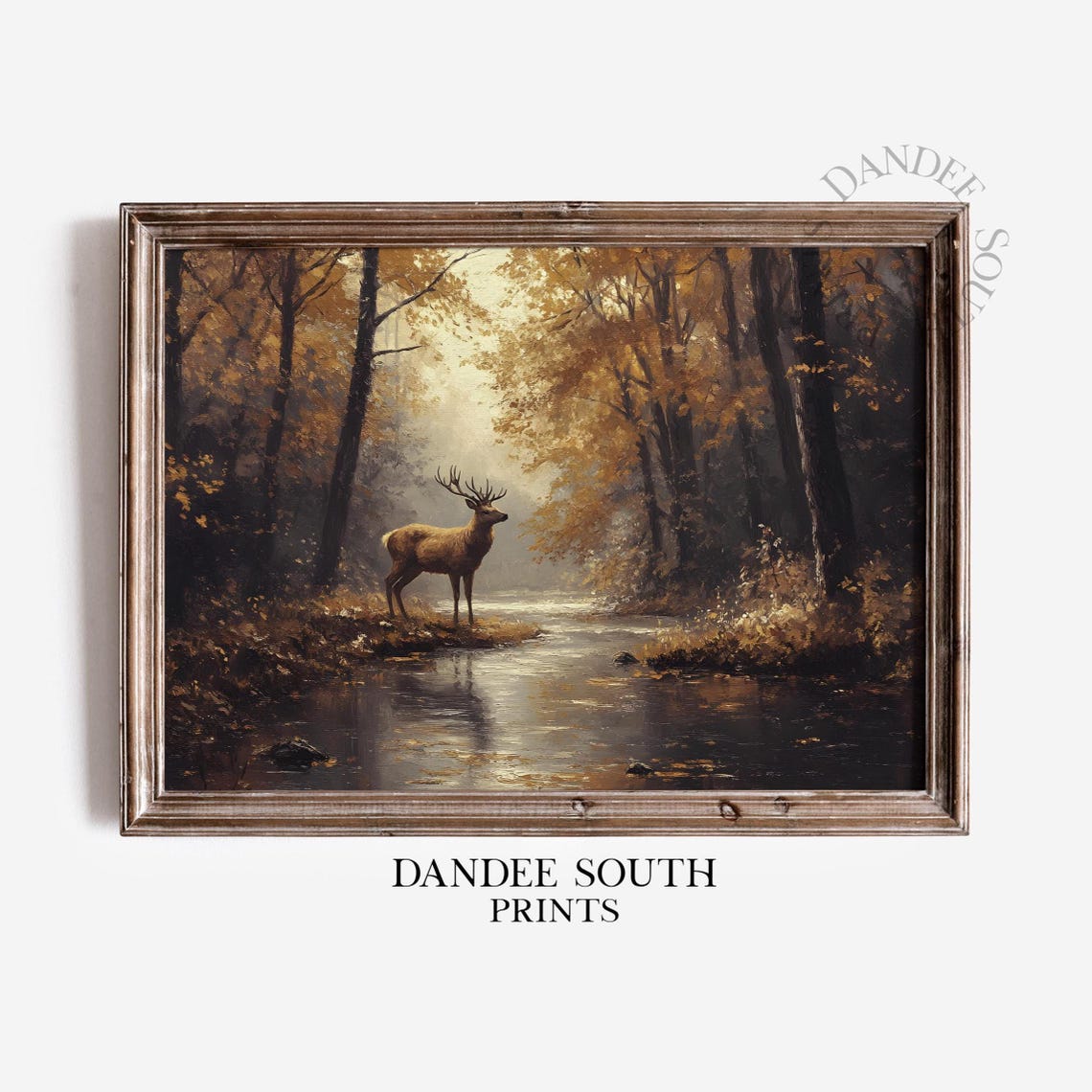 Majestic Antlered Stag by a Stream in Misty Autumn Forest Poster