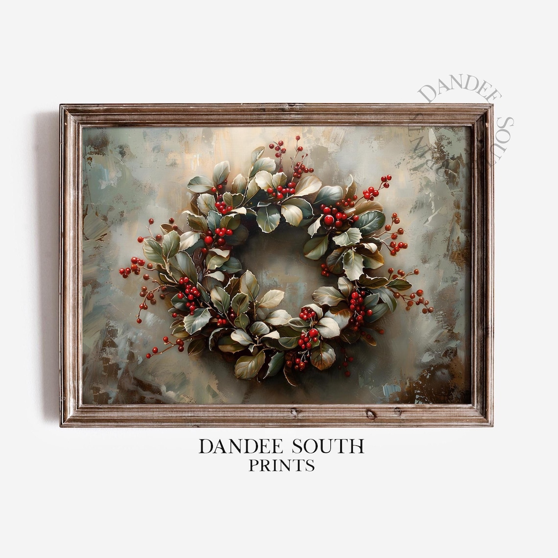 Rustic Christmas Wreath Holly Berries Vintage Holiday Oil Painting Poster