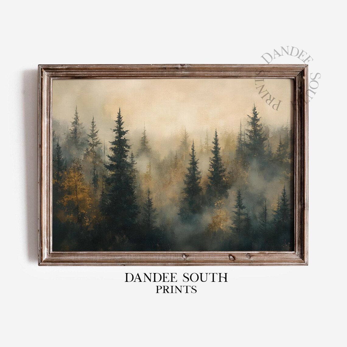 Golden Misty Pine Forest Vintage Autumn Oil Painting Decor Poster