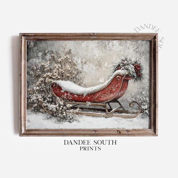 Vintage Red Christmas Sleigh Snowy Winter Scene Rustic Wall Art