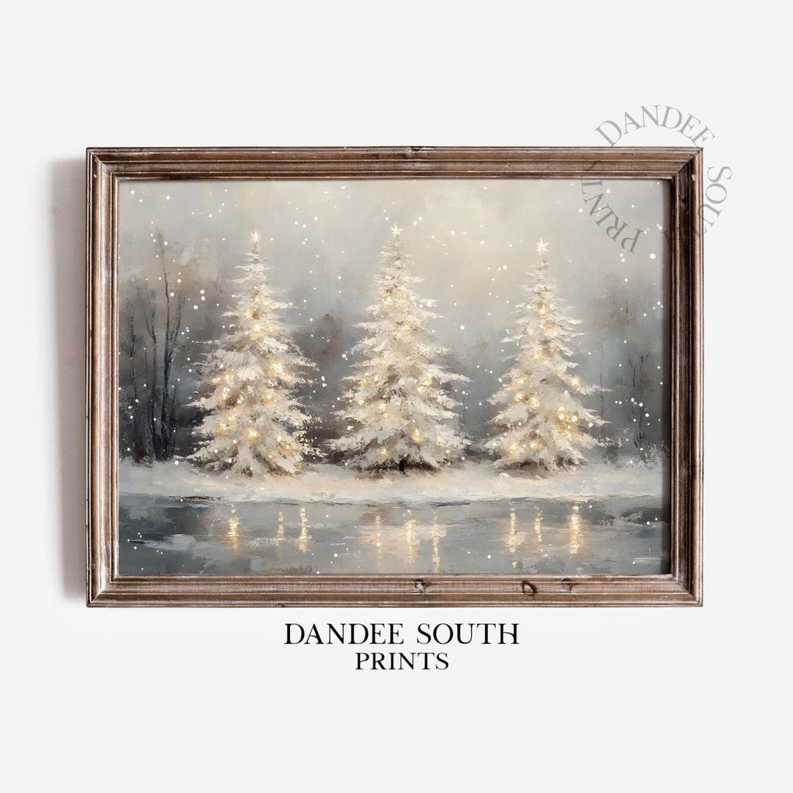 Snowy Pine Trees Glowing Lights Frozen Lake Winter Holiday Poster
