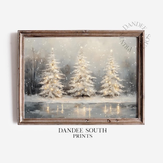 Snowy Pine Trees Glowing Lights Frozen Lake Winter Holiday Poster
