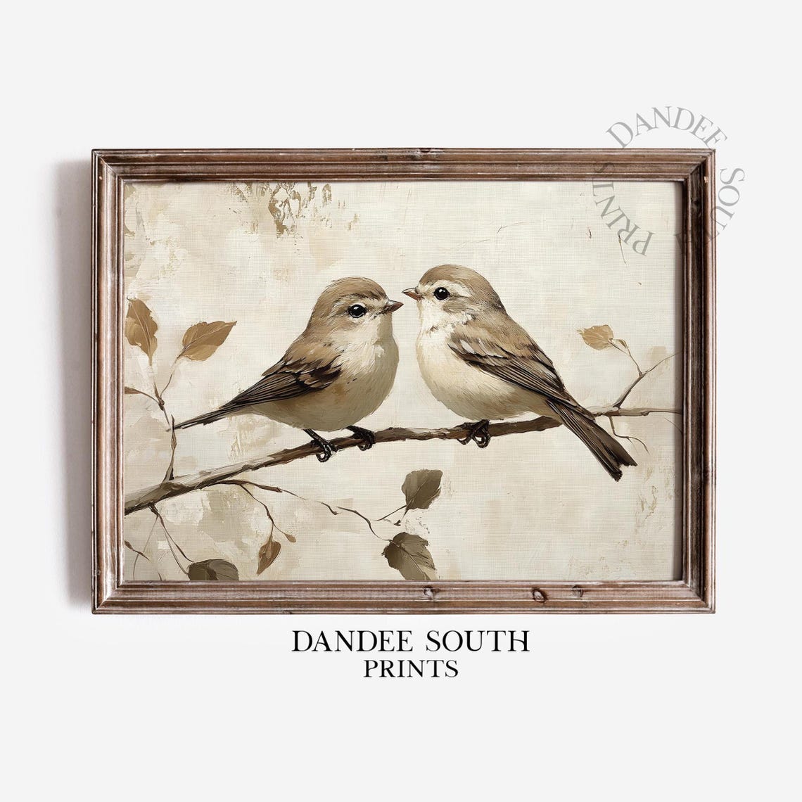 Soft Neutral Two Songbirds on Branch Vintage Bird Art Poster