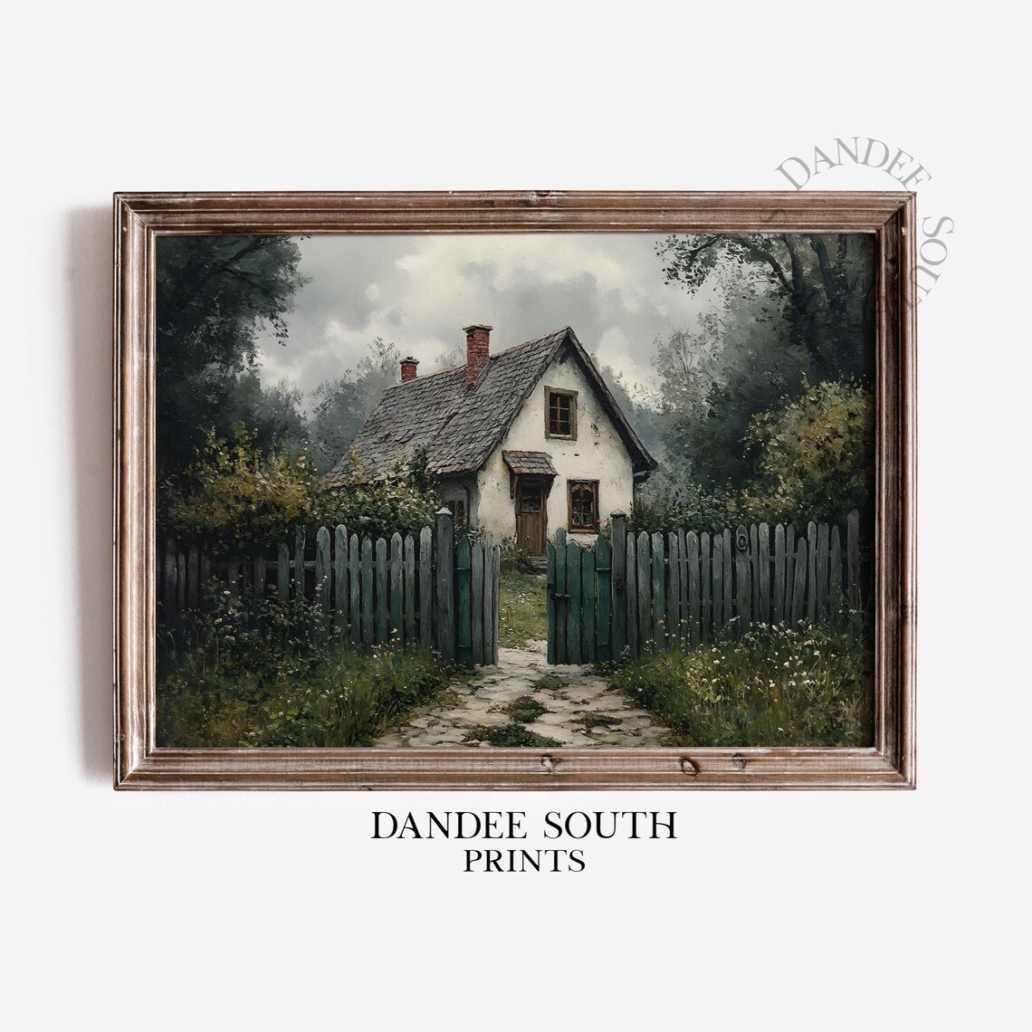 Country Cottage Picket Fence Moody Garden Vintage Oil Painting Poster Art