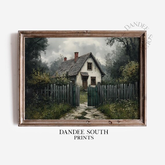 Country Cottage Picket Fence Moody Garden Vintage Oil Painting Poster Art