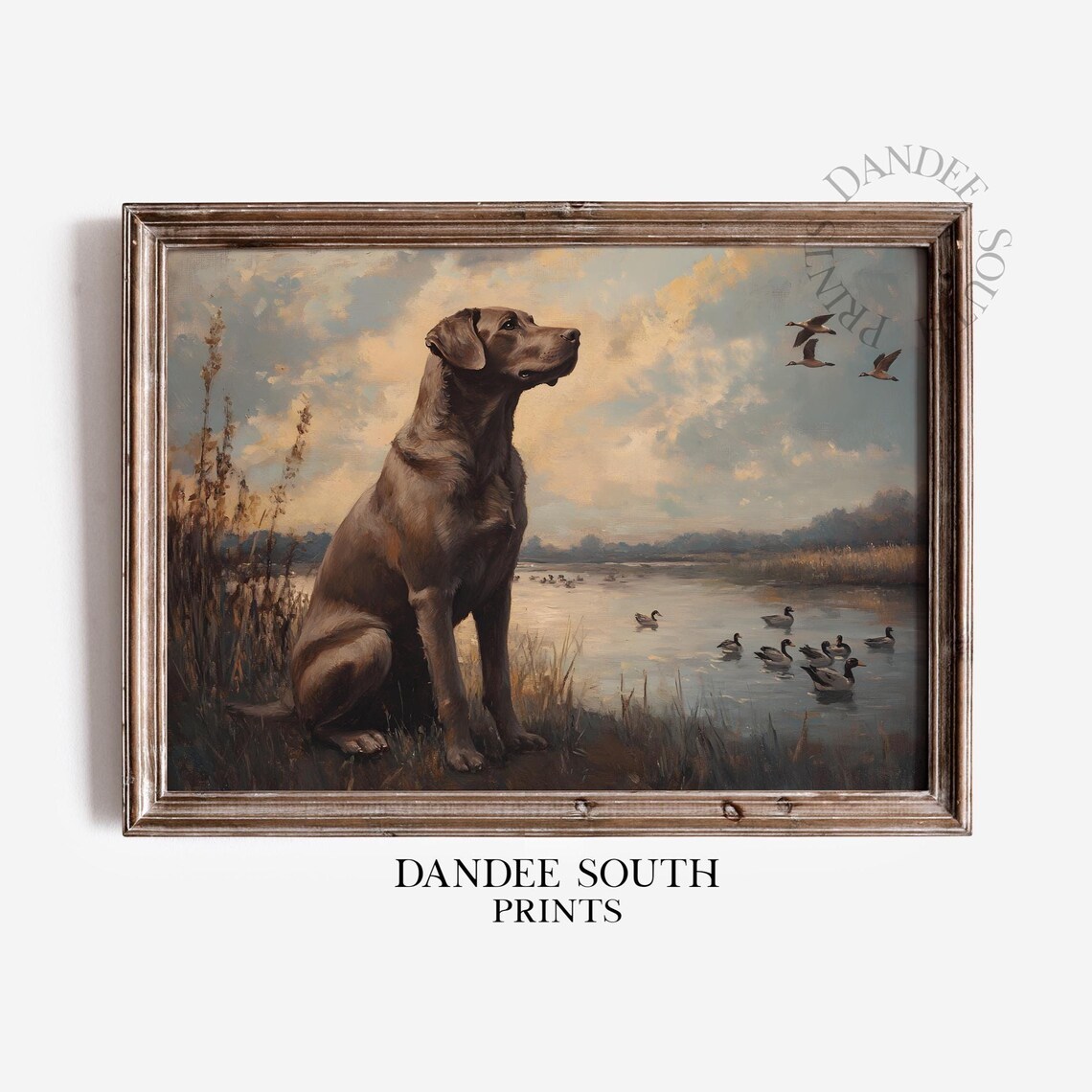 Gray Hunting Dog Watching Ducks by Water Vintage Painting Poster
