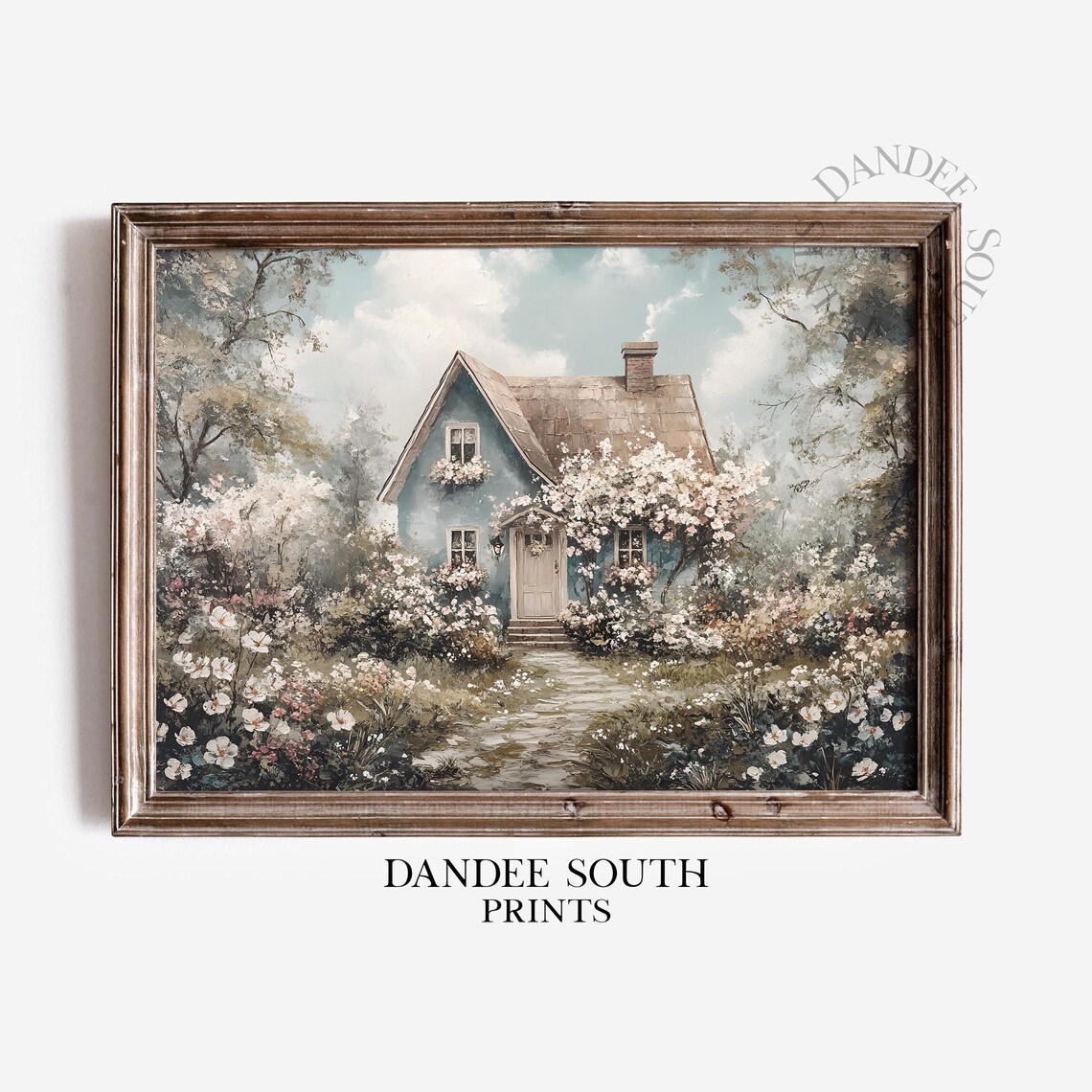 Blue Cottage Flower Garden Vintage Dreamy Oil Painting Wall Art