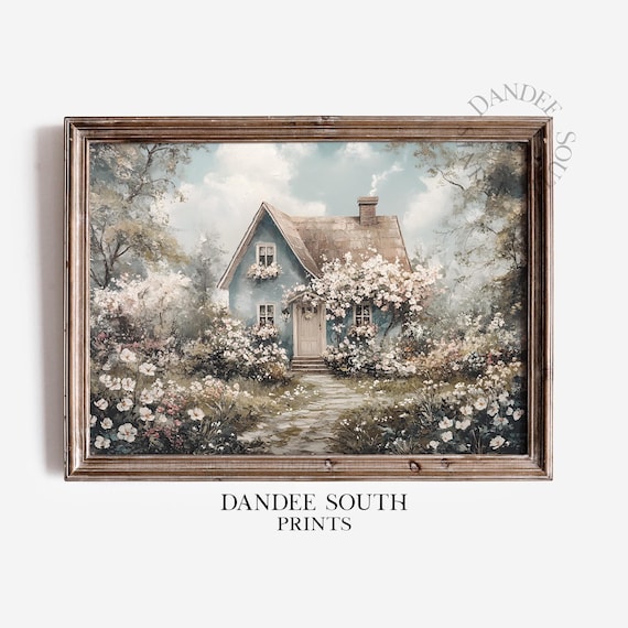 Blue Cottage Flower Garden Vintage Dreamy Oil Painting Wall Art