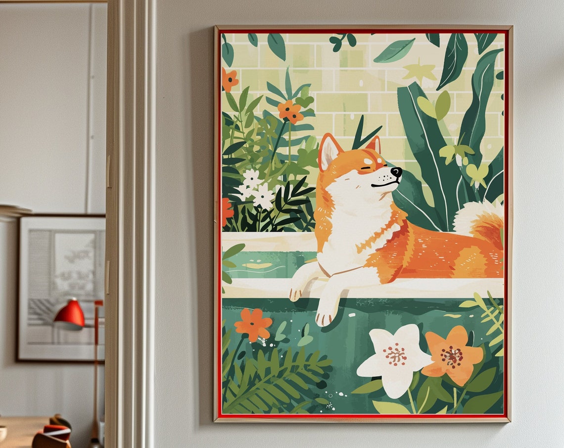 Shiba Inu Bathtub Botanical Brick Tile Japanese Style Dog Poster - Image 3