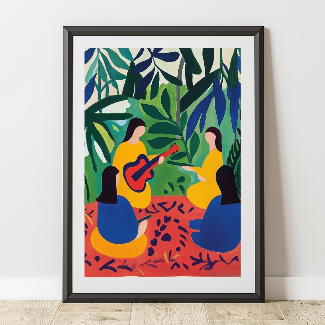 Women Playing Guitar Tropical Garden Fauvist Style Bold Colorful Art Print