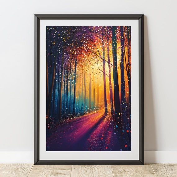 Maximalist Forest Art Print Bold Fantasy Wall Dcor Large Landscape Night Art For Living Room Bedroom