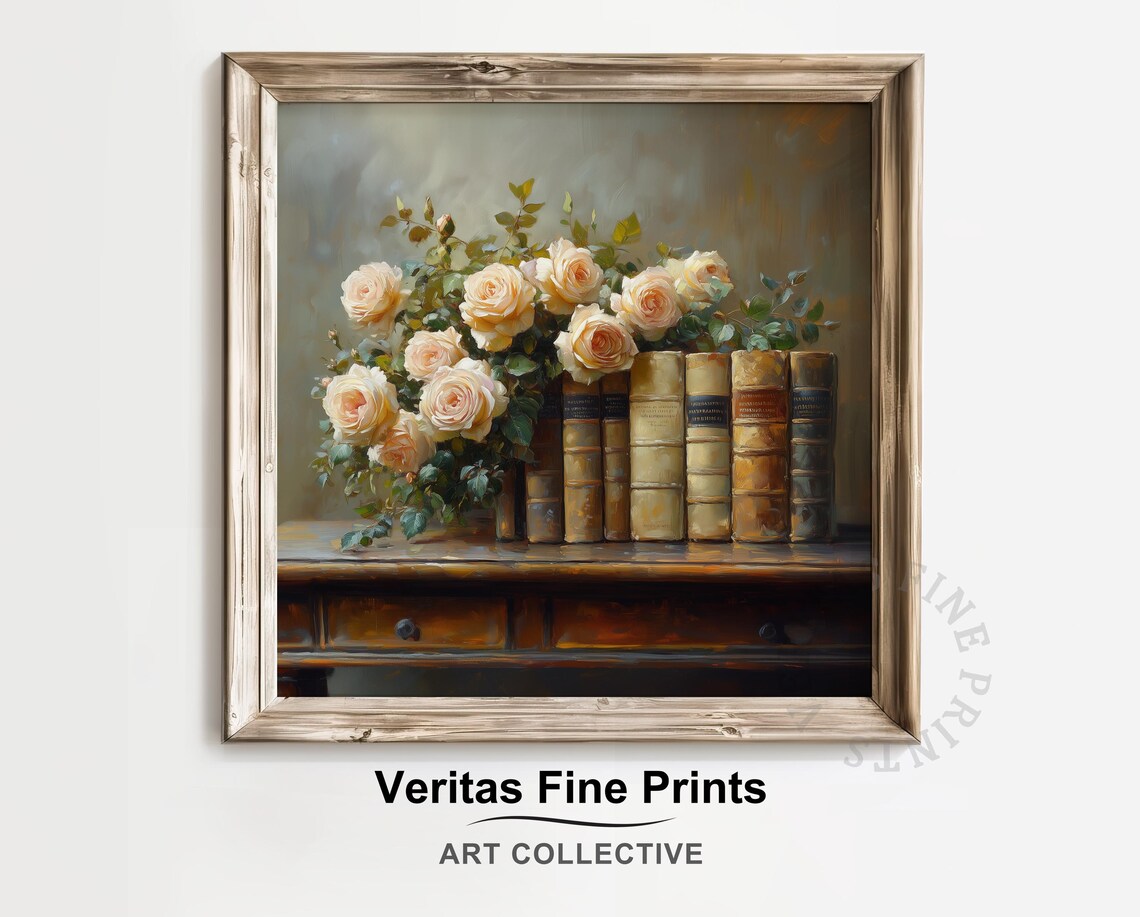 Antique Books and Yellow Roses, Vintage Cottagecore Art Print