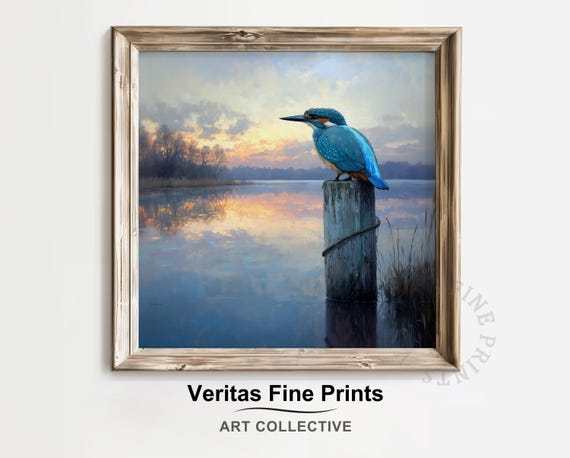Kingfisher At Sunset Over Lake Tranquil Coastal Bird Painting Moody Water Reflection Wall Art Earthy Landscape Print