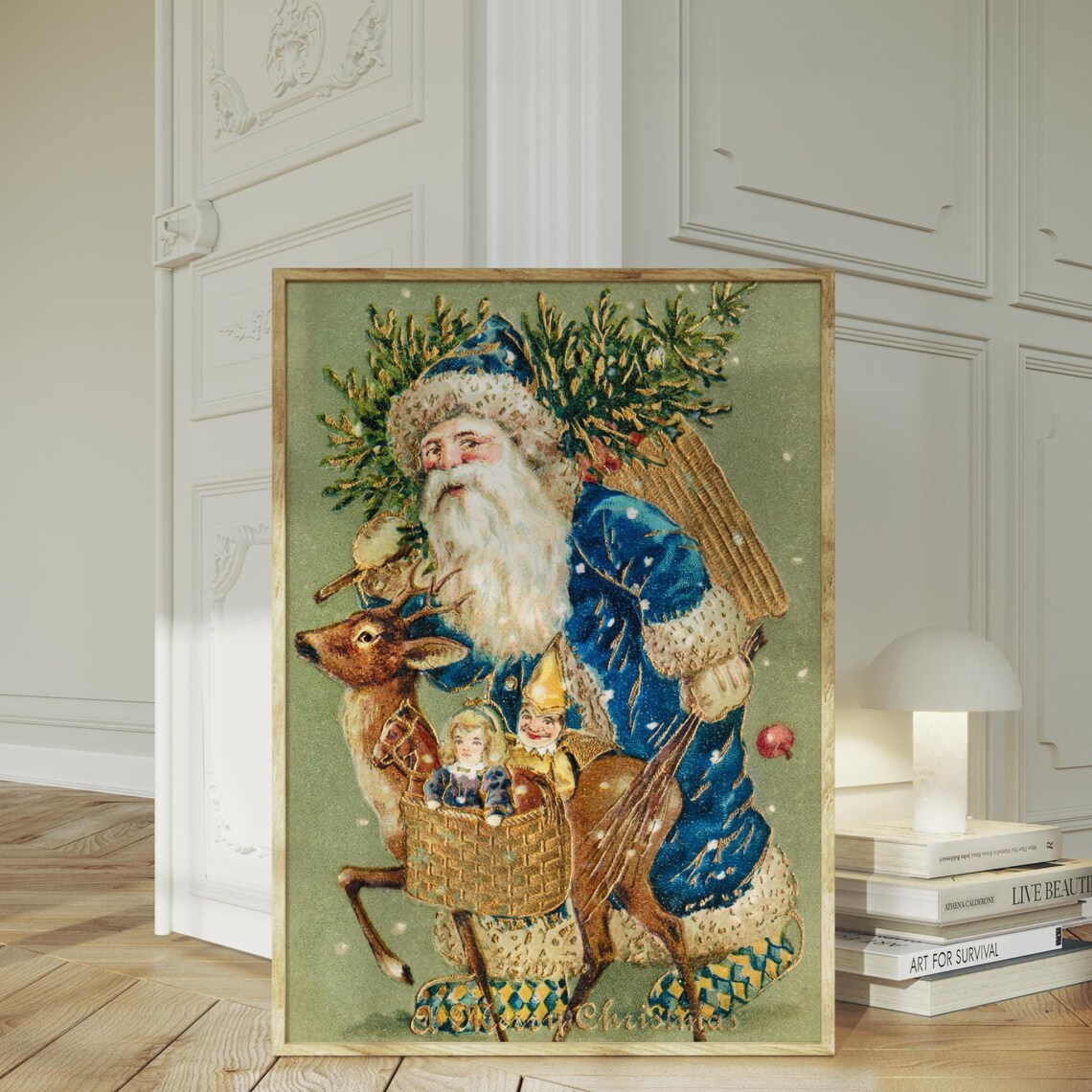 Vintage Santa Claus Blue Coat Reindeer Christmas Merry Poster