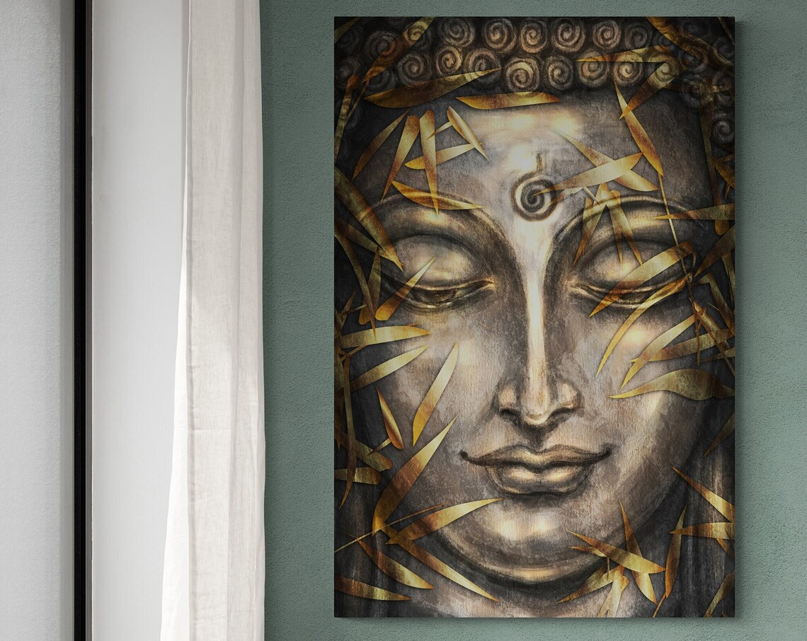 Golden Buddha Face With Bamboo Leaves Spiritual Zen Meditation Wall Art - Image 2