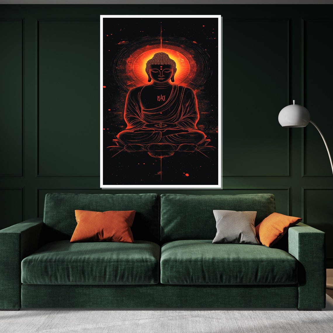 Neon Red Buddha Glowing Mandala Dark Black Background Art Poster - Image 3