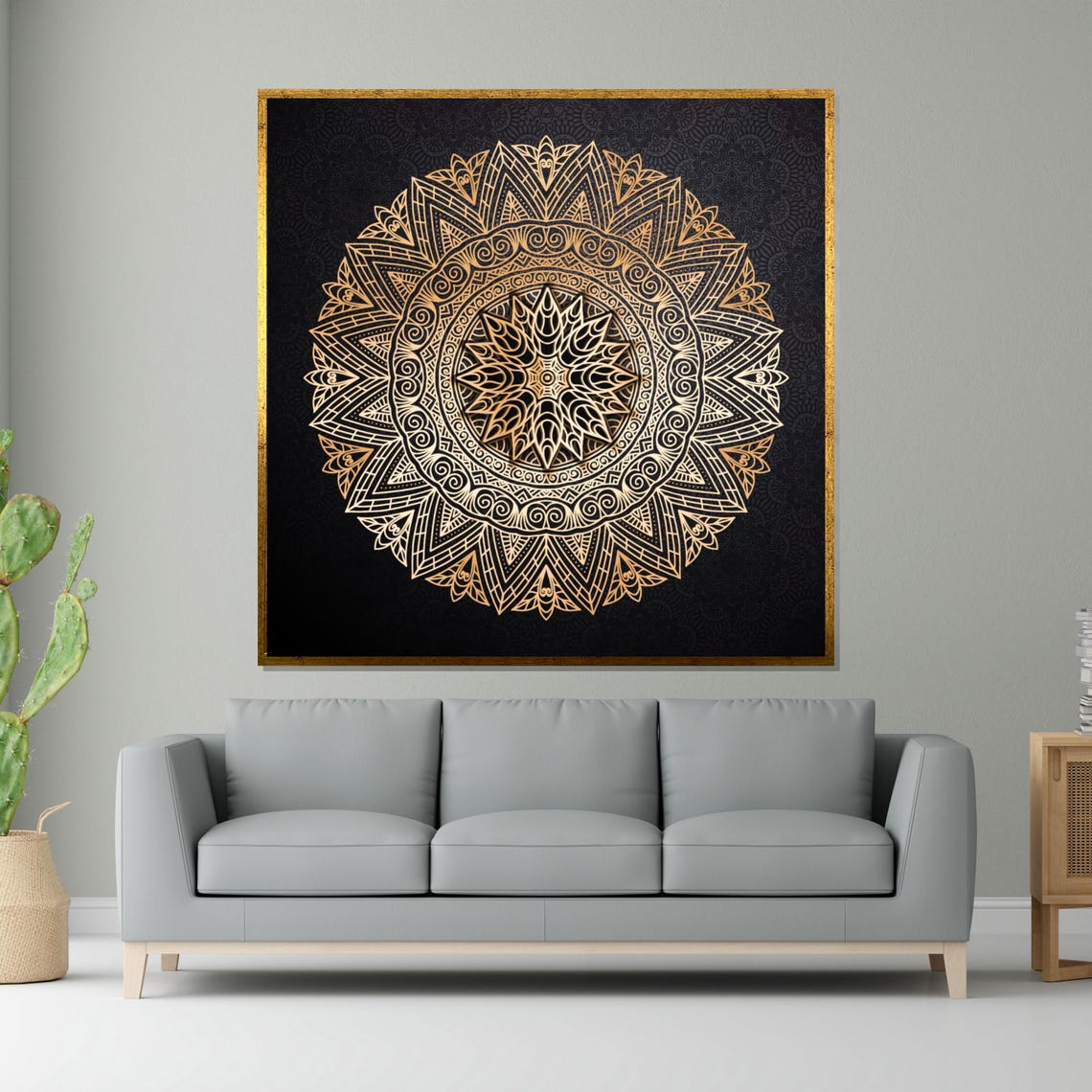 Intricate Gold Mandala Black Background Boho Luxury Medallion Print