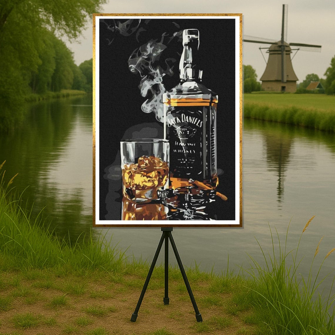 Jack Daniels Whiskey Bottle And Glass Smoky Bar Still Life Wall Art