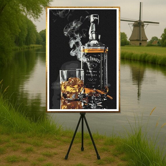 Jack Daniels Whiskey Bottle And Glass Smoky Bar Still Life Wall Art