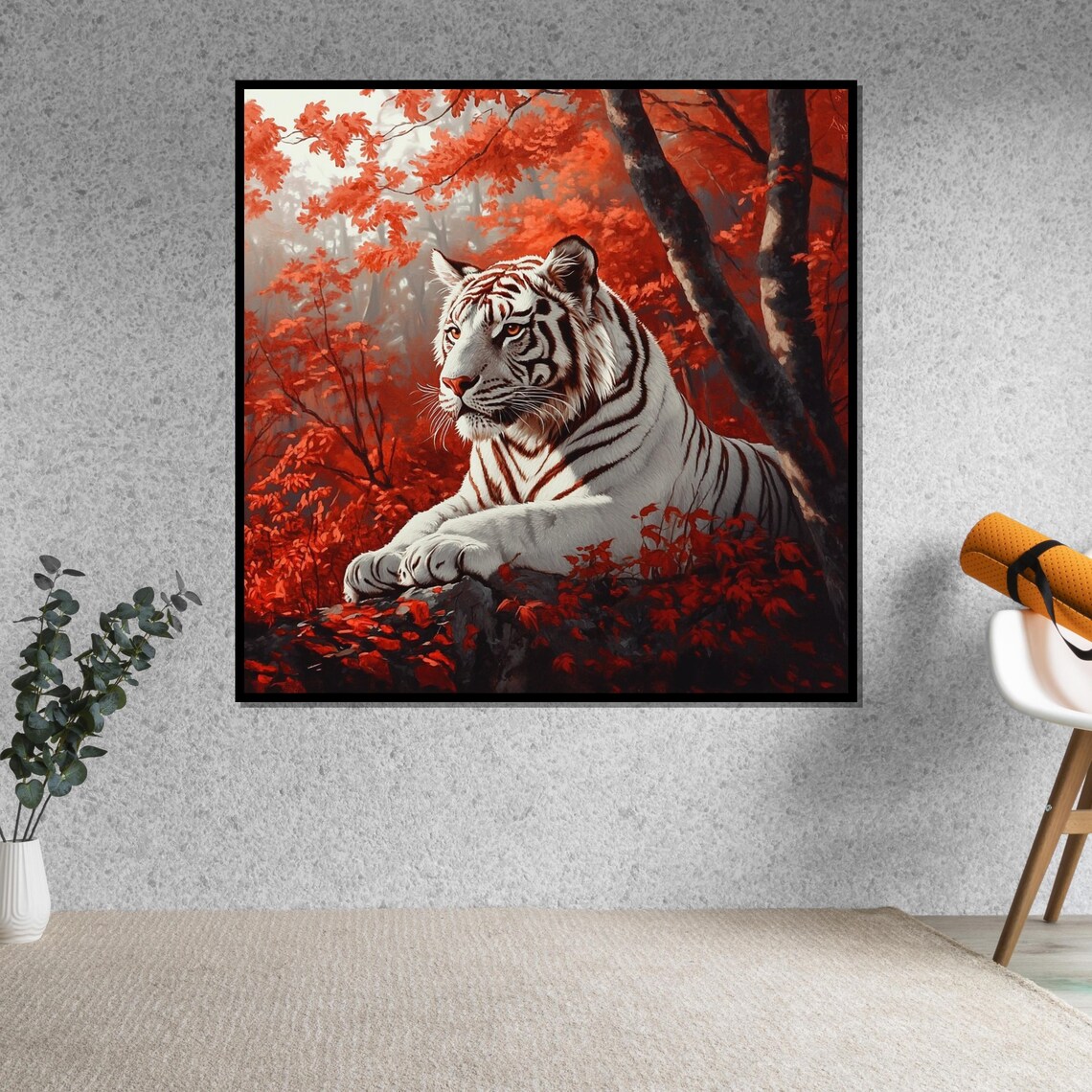 White Tiger Resting Red Autumn Forest Regal Big Cat Art Poster - Image 5