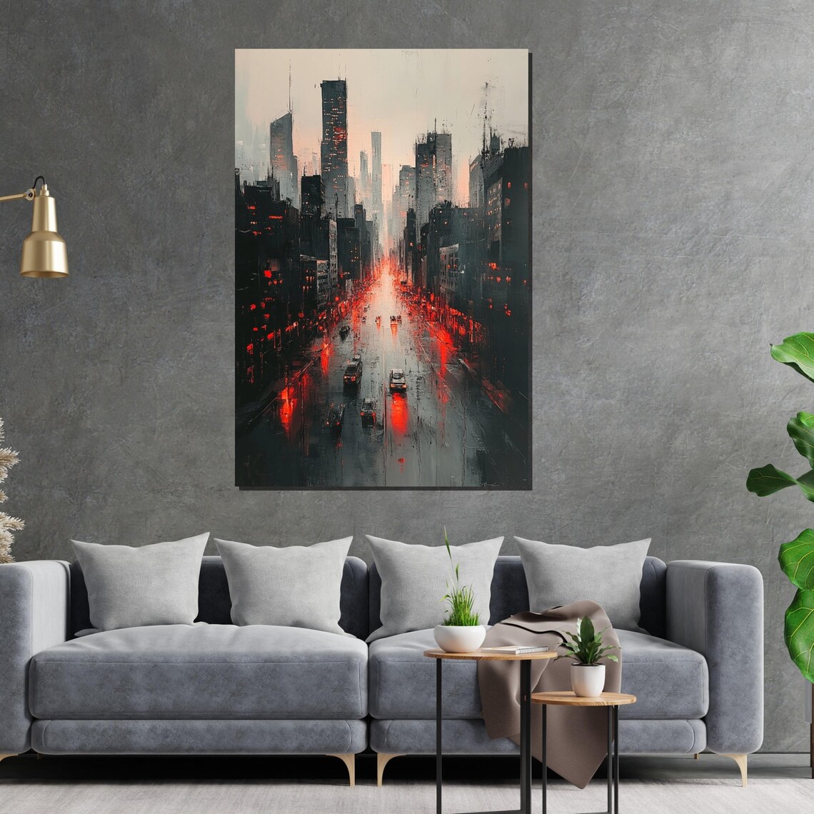 Moody Rainy City Street at Night With Red Lights Cityscape Poster - Image 2