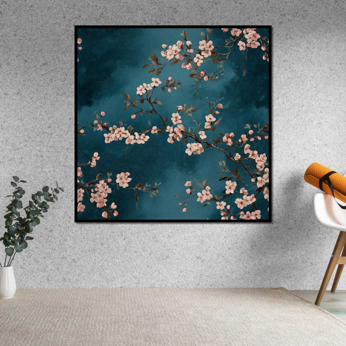 Cherry Blossoms Teal Background Square Floral Painting Poster - Image 5