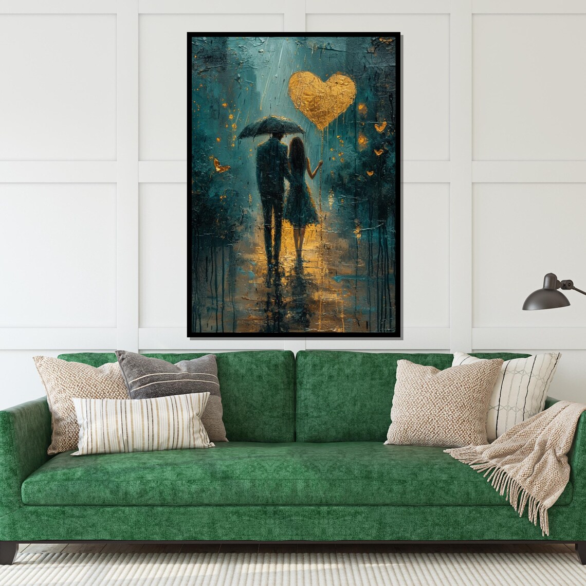 Couple Under Umbrella With Golden Heart Balloon Rainy Stroll Poster - Image 5