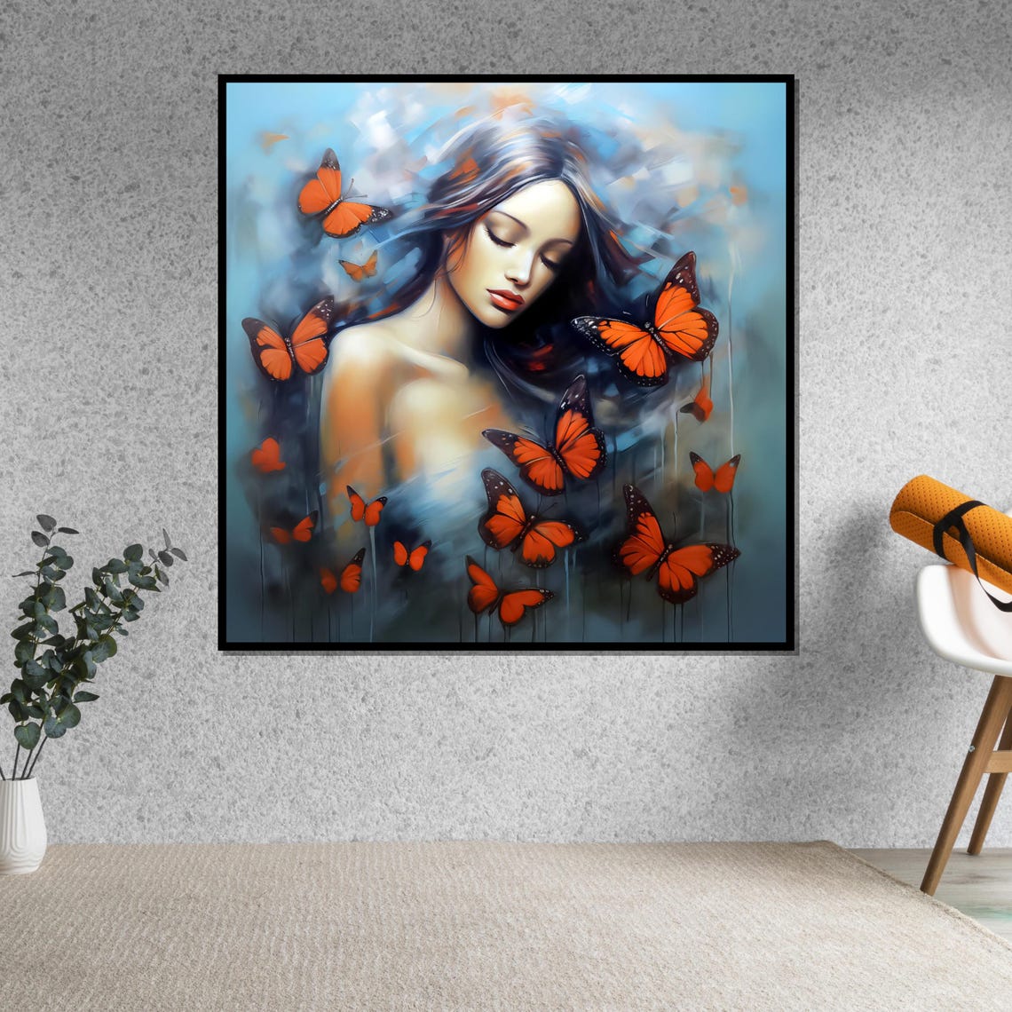 Serene Woman Surrounded By Monarch Butterflies Blue Dreamy Art Poster - Image 5