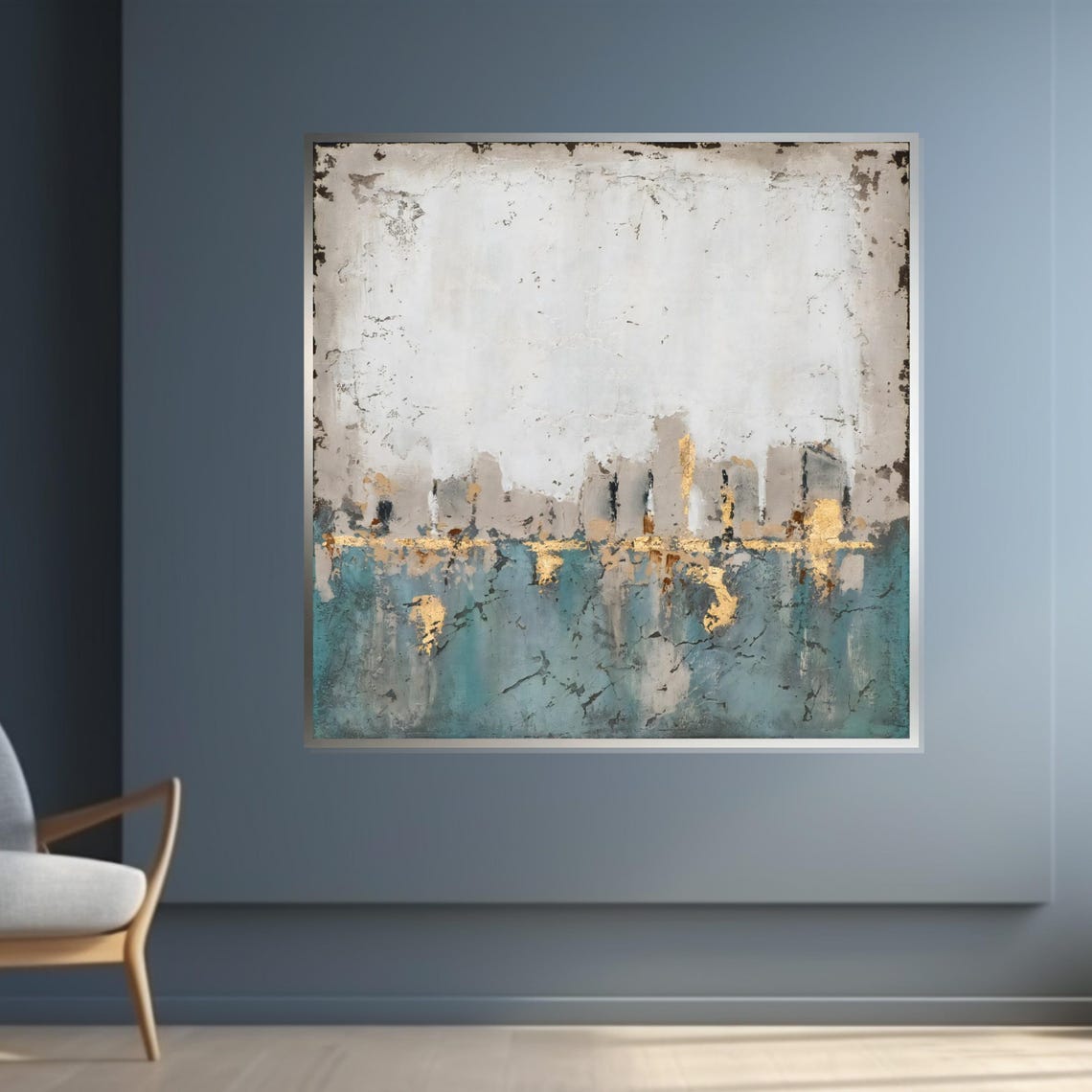 Misty Cityscape Teal And Gold Abstract Skyline Reflection Print - Image 4