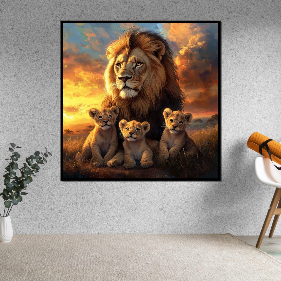 Lion Watching Over Three Cubs At Sunset Savannah Wildlife Art Poster - Image 5