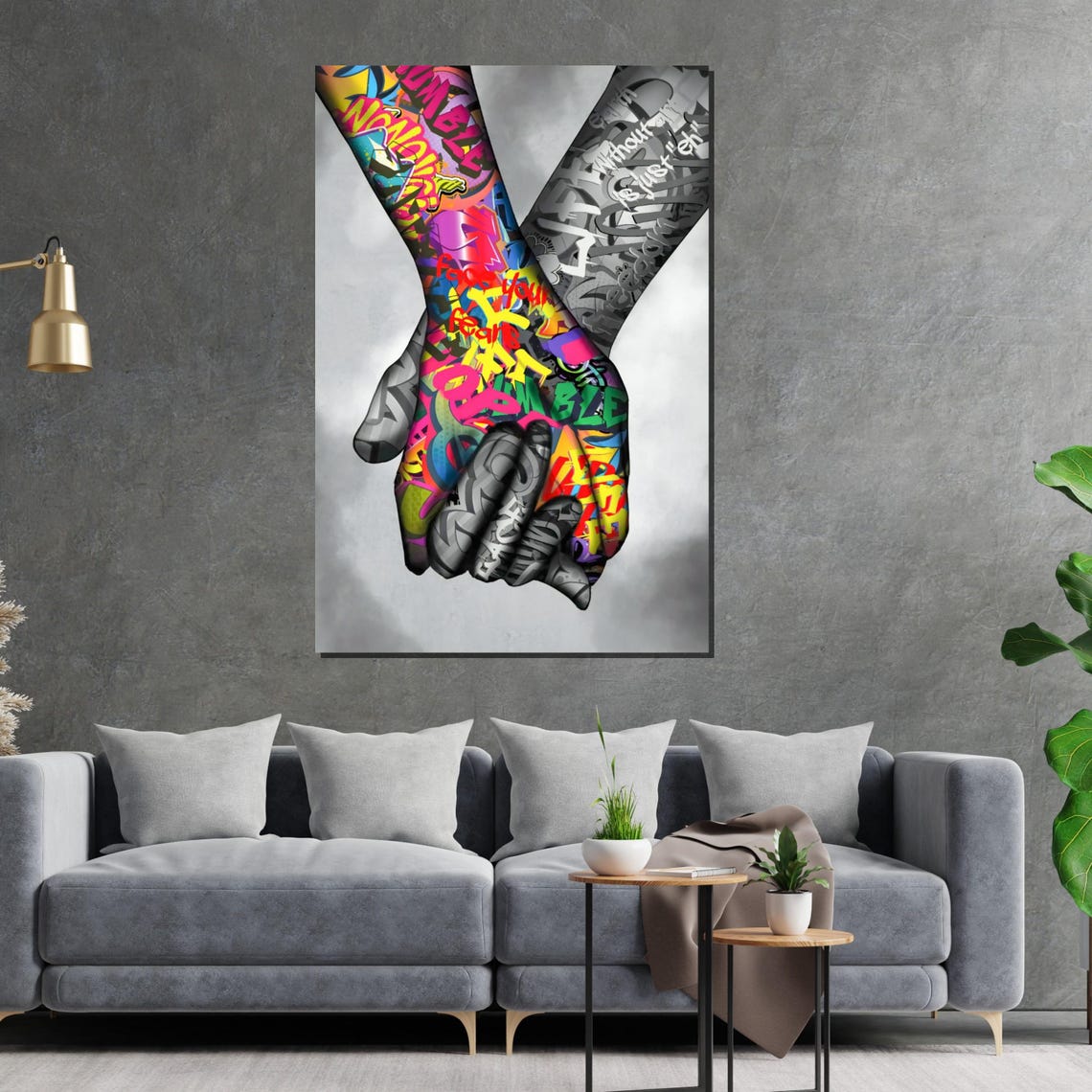 Two Hands Holding Together Colorful Graffiti Unity Art Poster - Image 2
