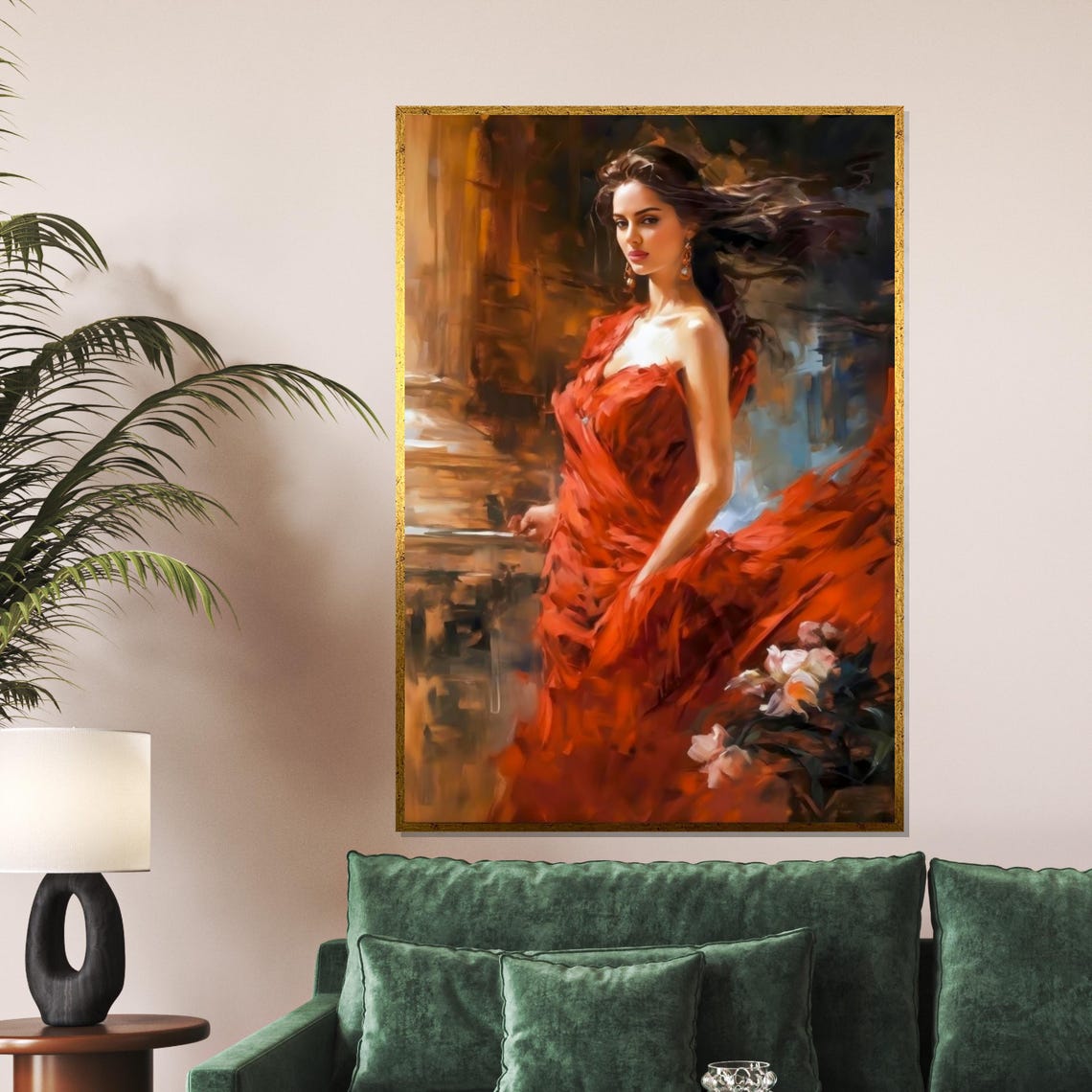 Woman in Flowing Red Gown Painterly Romantic Portrait Poster