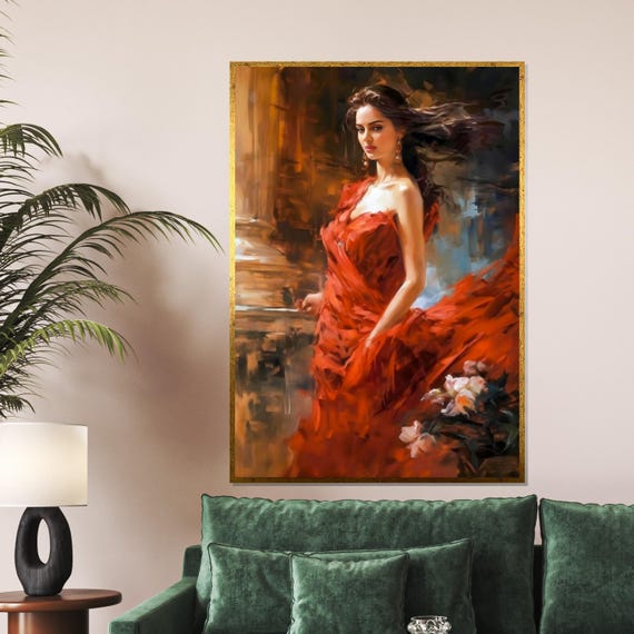 Elegant Lady In Red Figurative Art Modern Wall Decor Feminine Portrait Wall Art Design Framed Ready To Hang Dcor