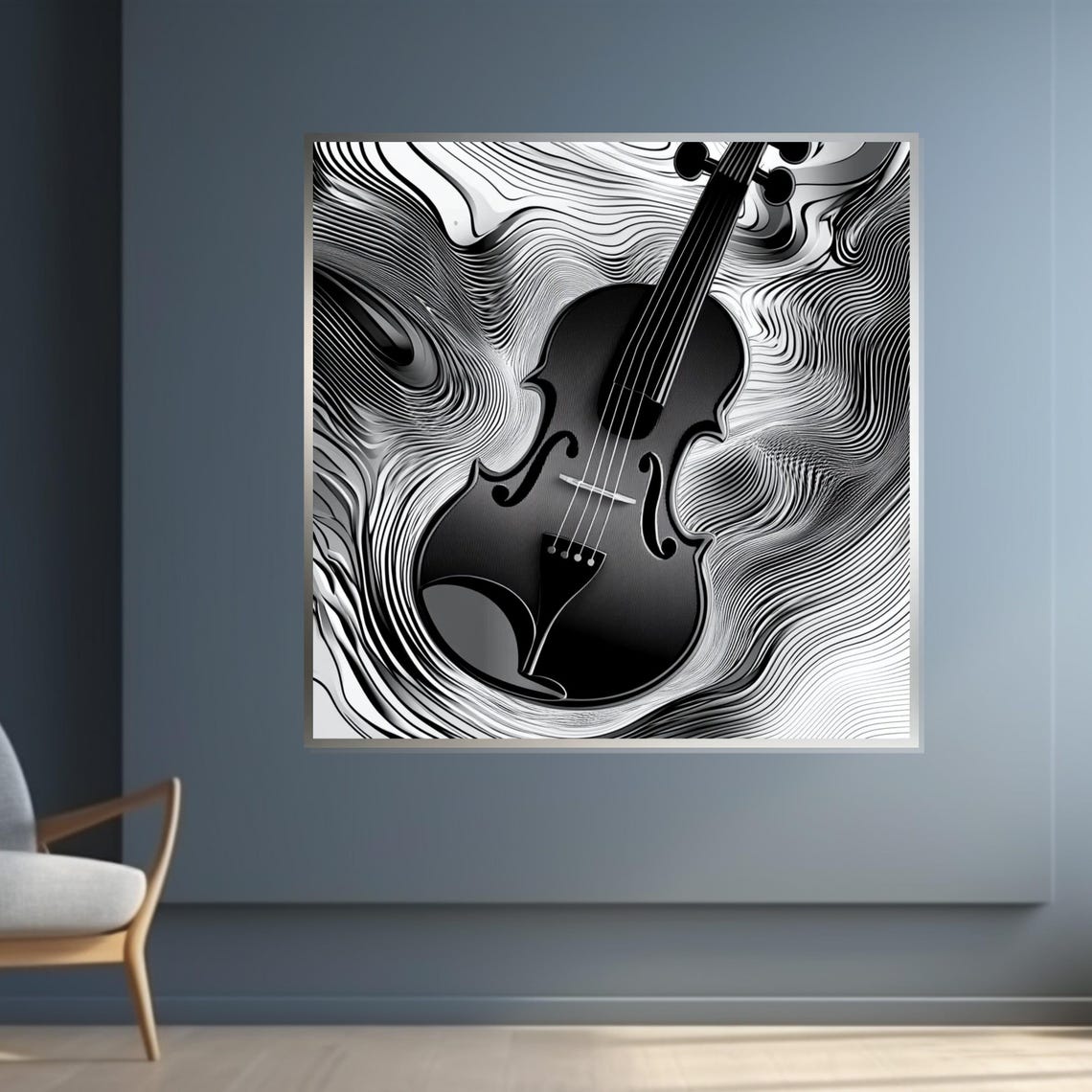 Black Violin on Swirling Monochrome Line Art Modern Music Poster - Image 4