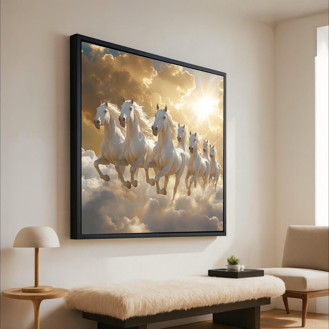 White Horses Running Through Golden Clouds Fantasy Art Poster