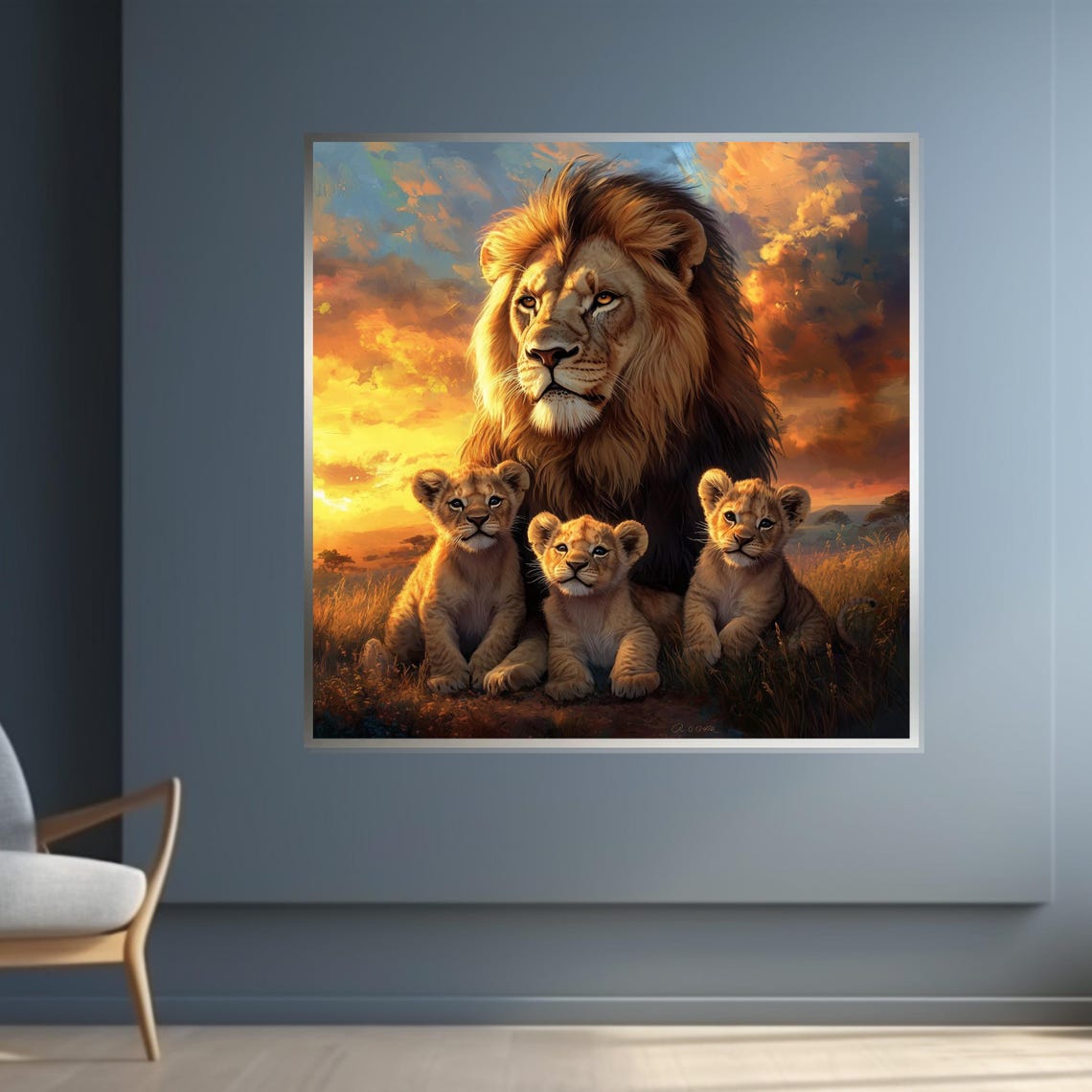 Lion Watching Over Three Cubs At Sunset Savannah Wildlife Art Poster - Image 4