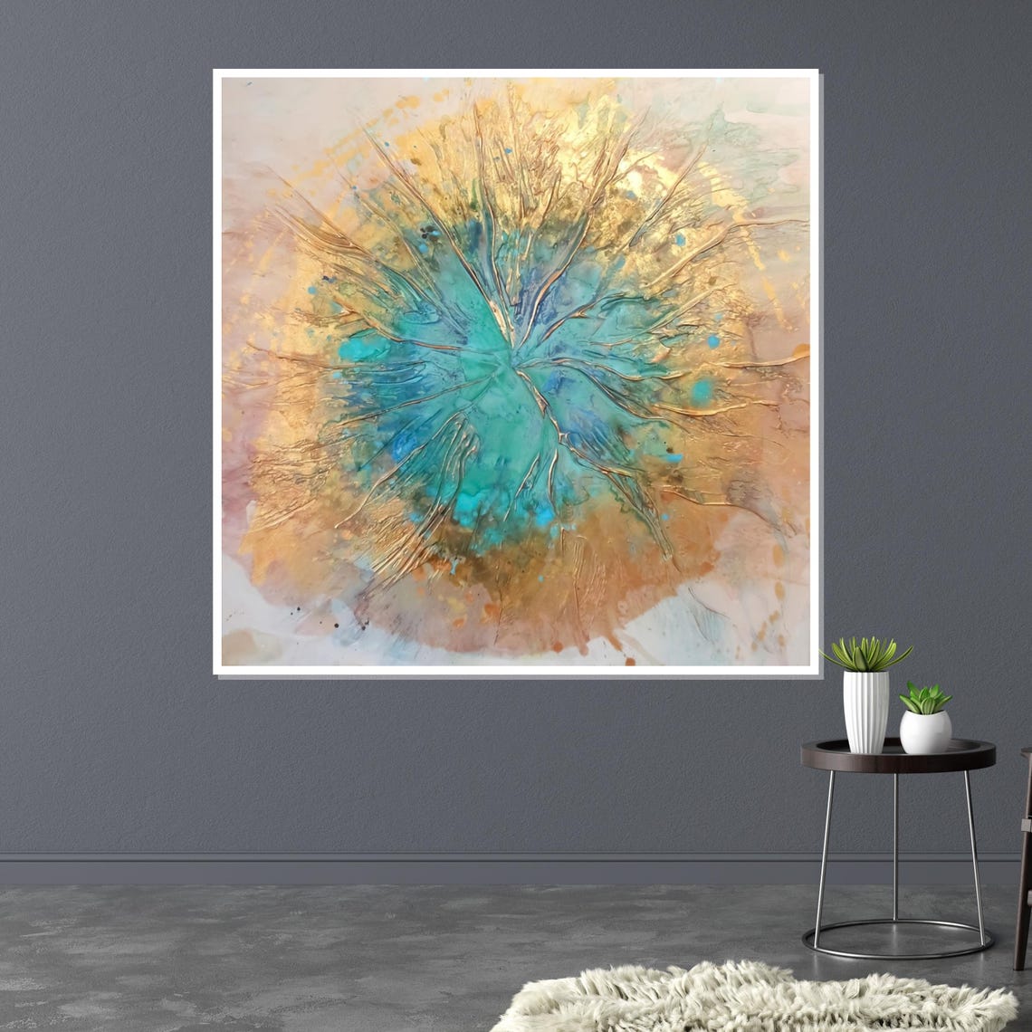 Turquoise Gold Burst Abstract Splash Fluid Watercolor Art Poster - Image 3