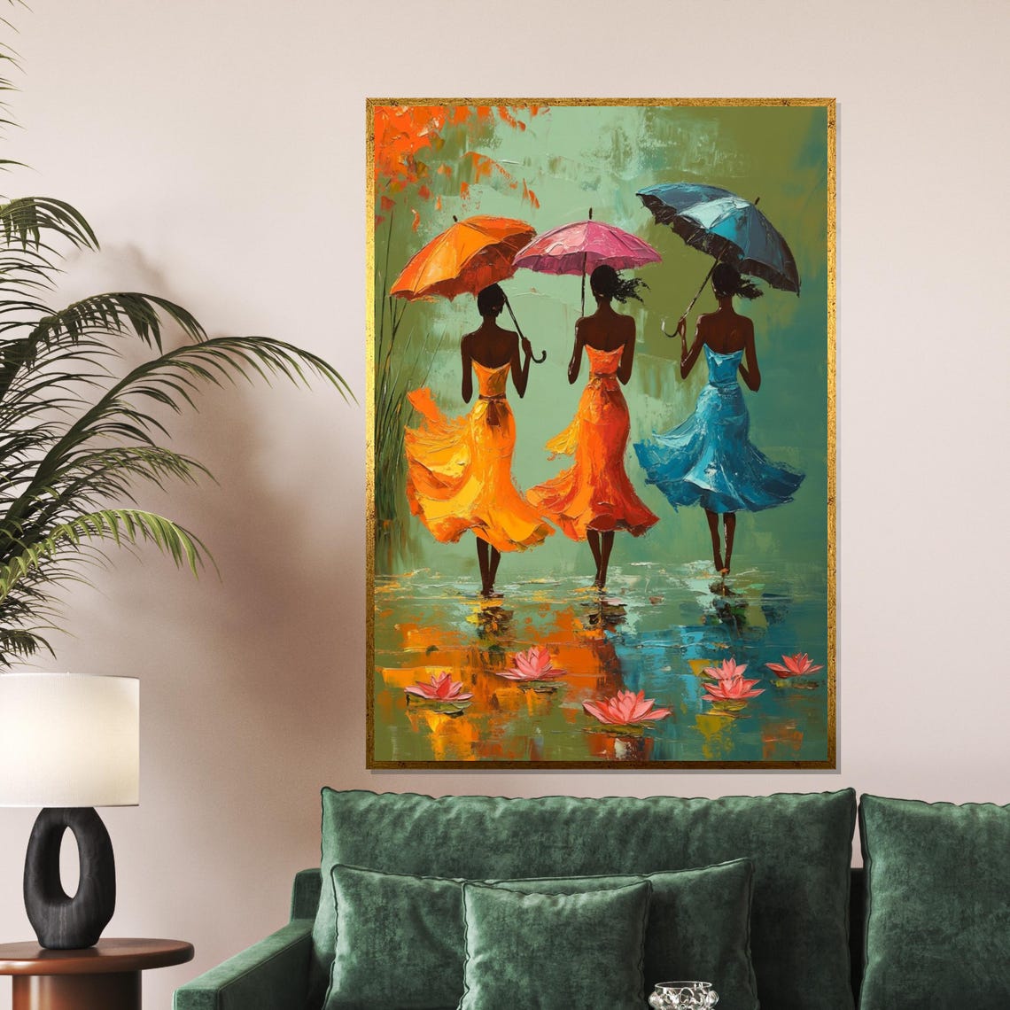 Three Women Colorful Umbrellas Lotus Water Strolling Rain Art Poster