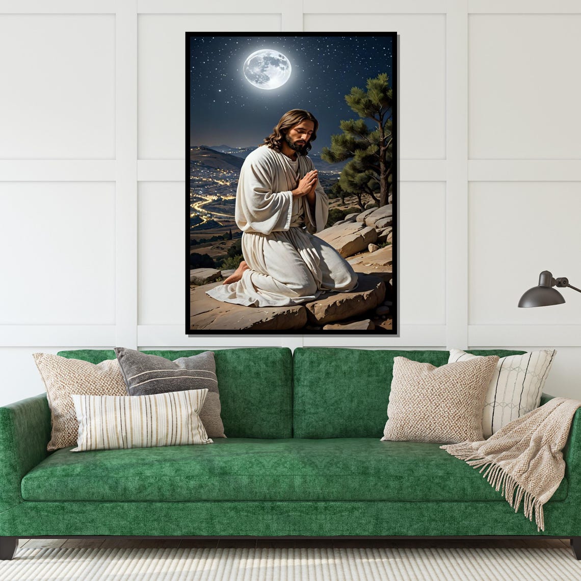 Jesus Praying Under Full Moon Night Mountain Christian Wall Art - Image 5