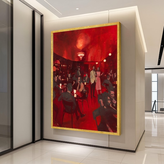 Red Nightclub Cocktail Lounge Crowd Vintage Evening Painting Poster
