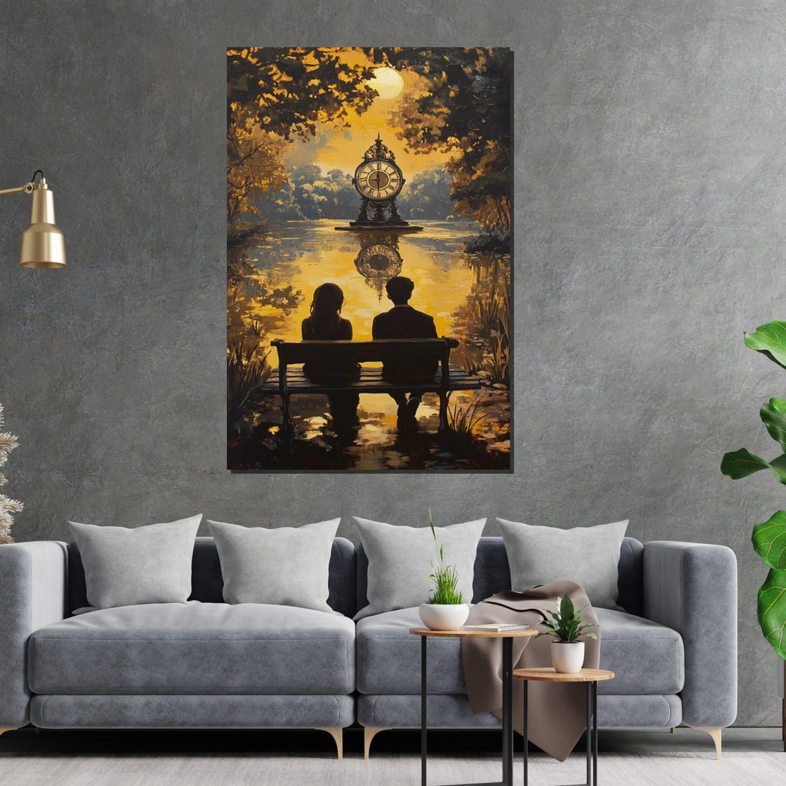 Romantic Couple Watching Golden Clock on Lake Dreamy Sunset Poster - Image 2