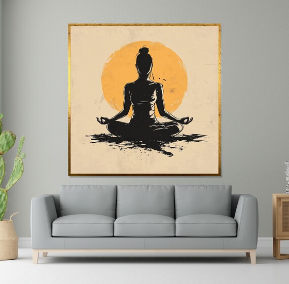Meditating Woman Golden Sun Beige Minimalist Yoga Art Poster