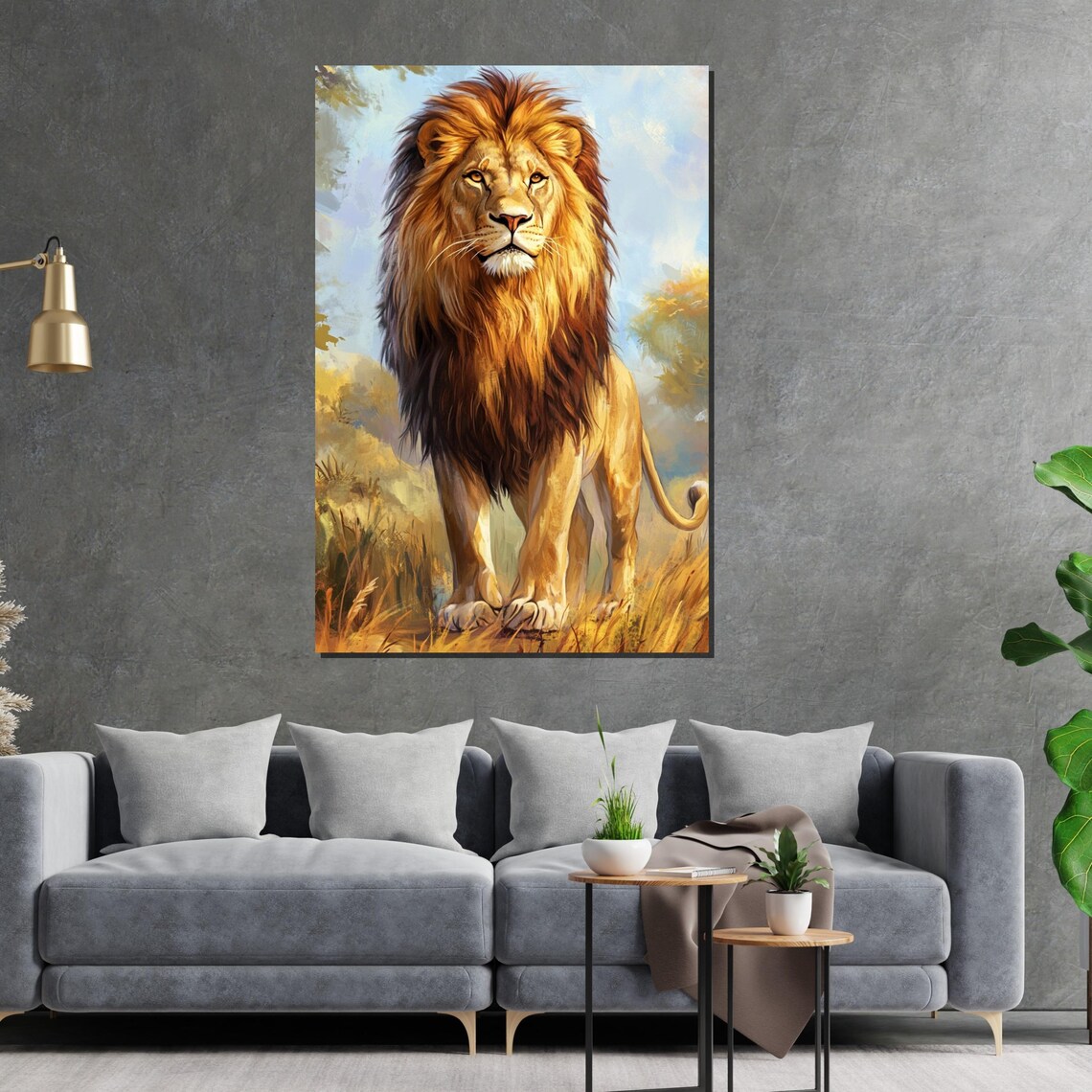 Majestic Lion Walking Golden Savanna Wildlife Portrait Art Poster - Image 2