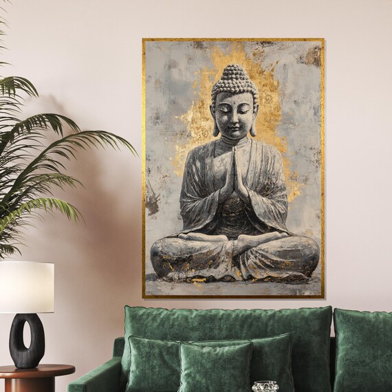 Monochrome Buddha Praying Hands Gold Halo Spiritual Art Poster