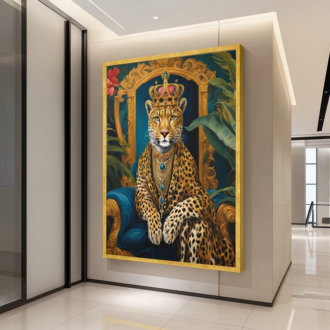 Regal Leopard Wearing Crown On Throne Luxury Wildlife Animal Poster